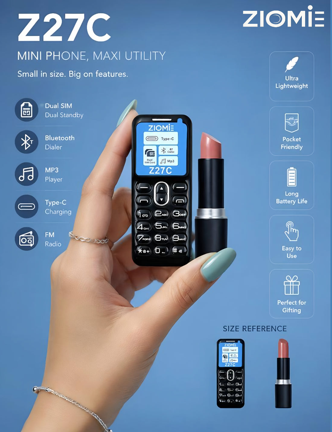 Ziome Z27C Mini Bluetooth Dialer Phone, Dual SIM Dual Standby, Type-C Charging, Crystal Keypad, MP3 Player, FM Radio, Black