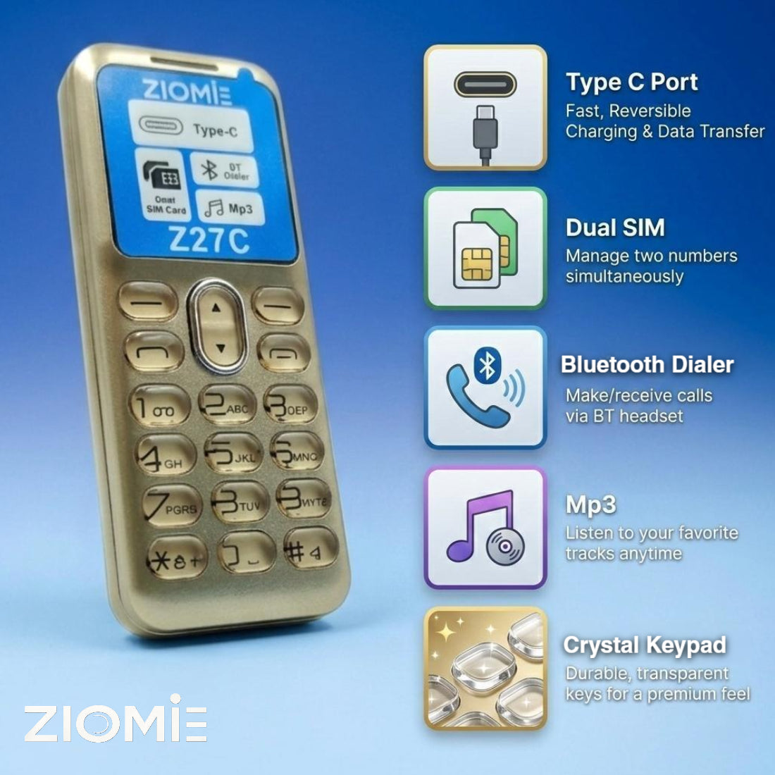 Ziome Z27C Mini Bluetooth Dialer Phone, Dual SIM Dual Standby, Type-C Charging, Crystal Keypad, MP3 Player, FM Radio, Gold