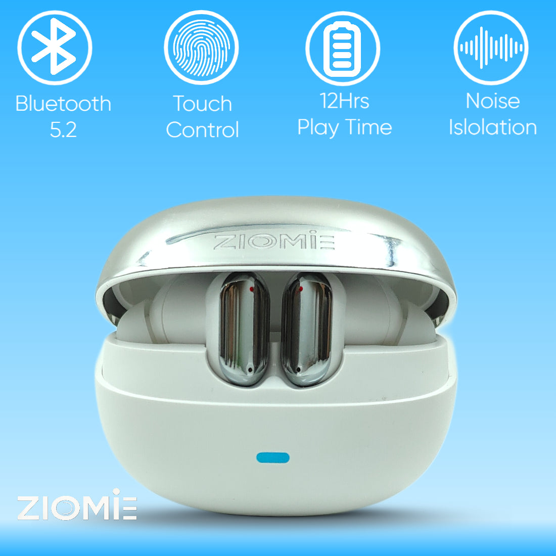 Ziome Z6 Pro Bluetooth Earbuds (White-Silver, TWS)