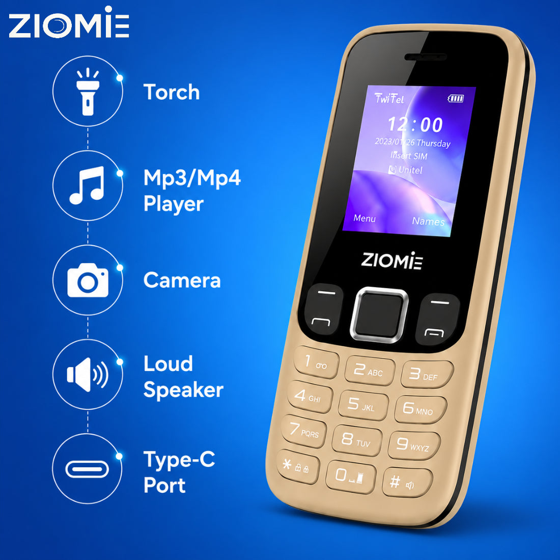 Ziome Z-2175 C Dual SIM Feature Phone with Type-C Port, Auto Call Recording, Wireless FM, Powerful Torch, and 1100mAh Battery, Golden