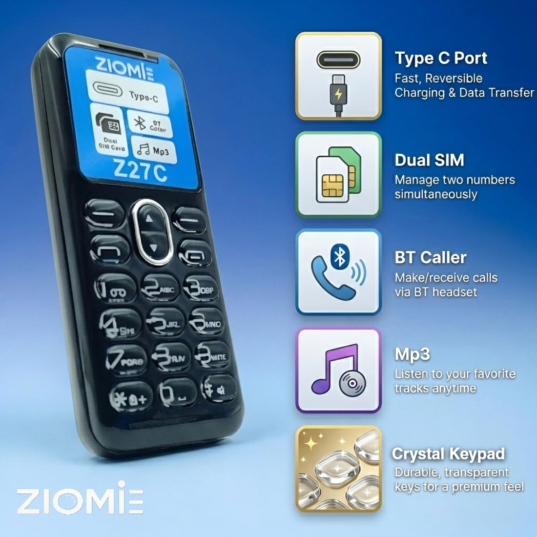 Ziome Z27C Mini Bluetooth Dialer Phone, Dual SIM Dual Standby, Type-C Charging, Crystal Keypad, MP3 Player, FM Radio, Black