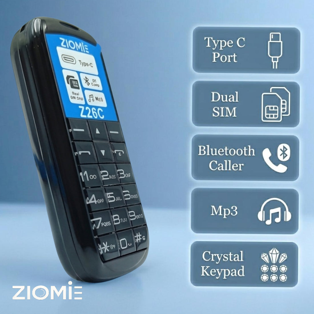 Ziome Z26C Ultra Mini Dual SIM Mobile Phone with Bluetooth Dialer, MP3 Player & Type-C Charging, Black