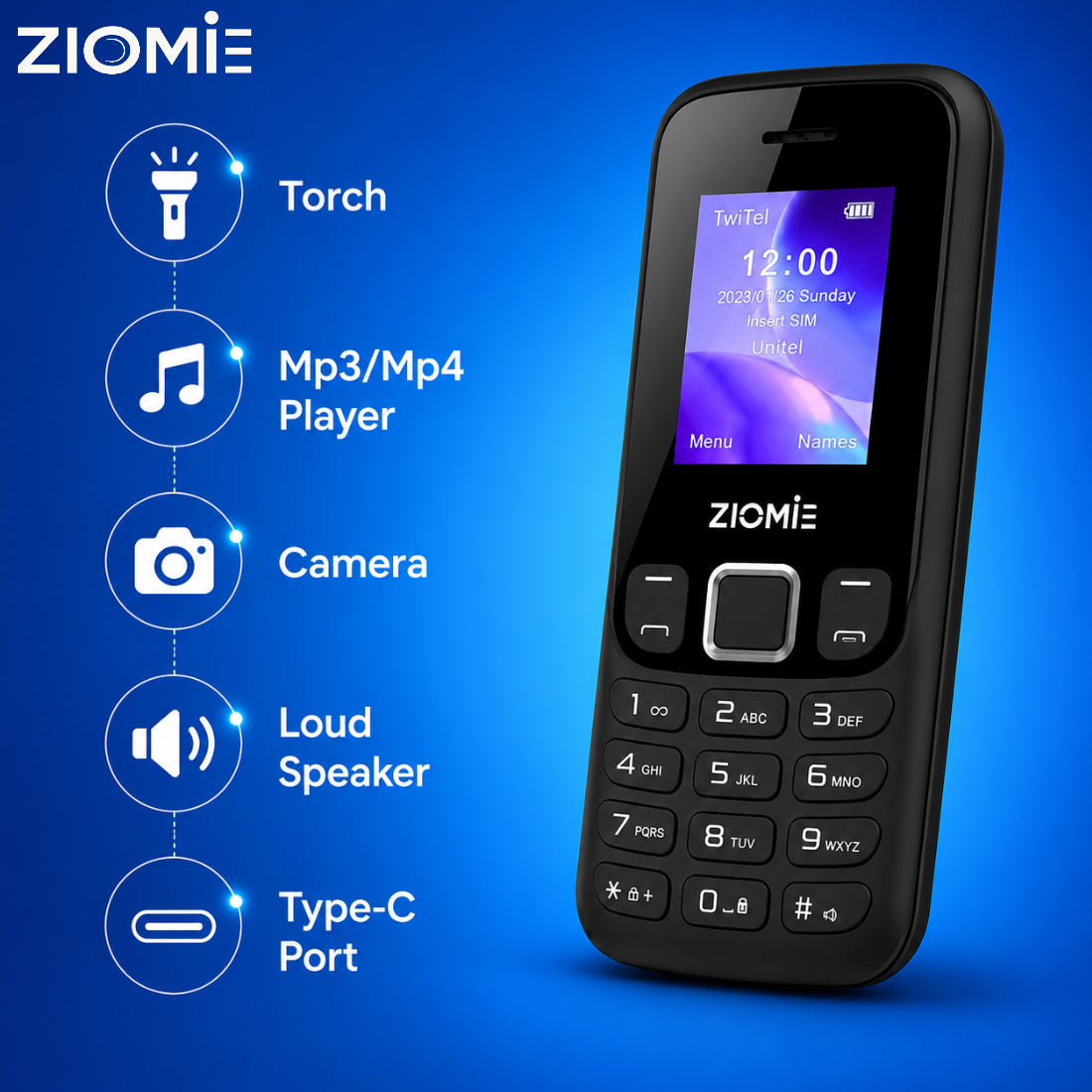 Ziome Z-2175 C Dual SIM Feature Phone with Type-C Port, Auto Call Recording, Wireless FM, Powerful Torch, and 1100mAh Battery, Black