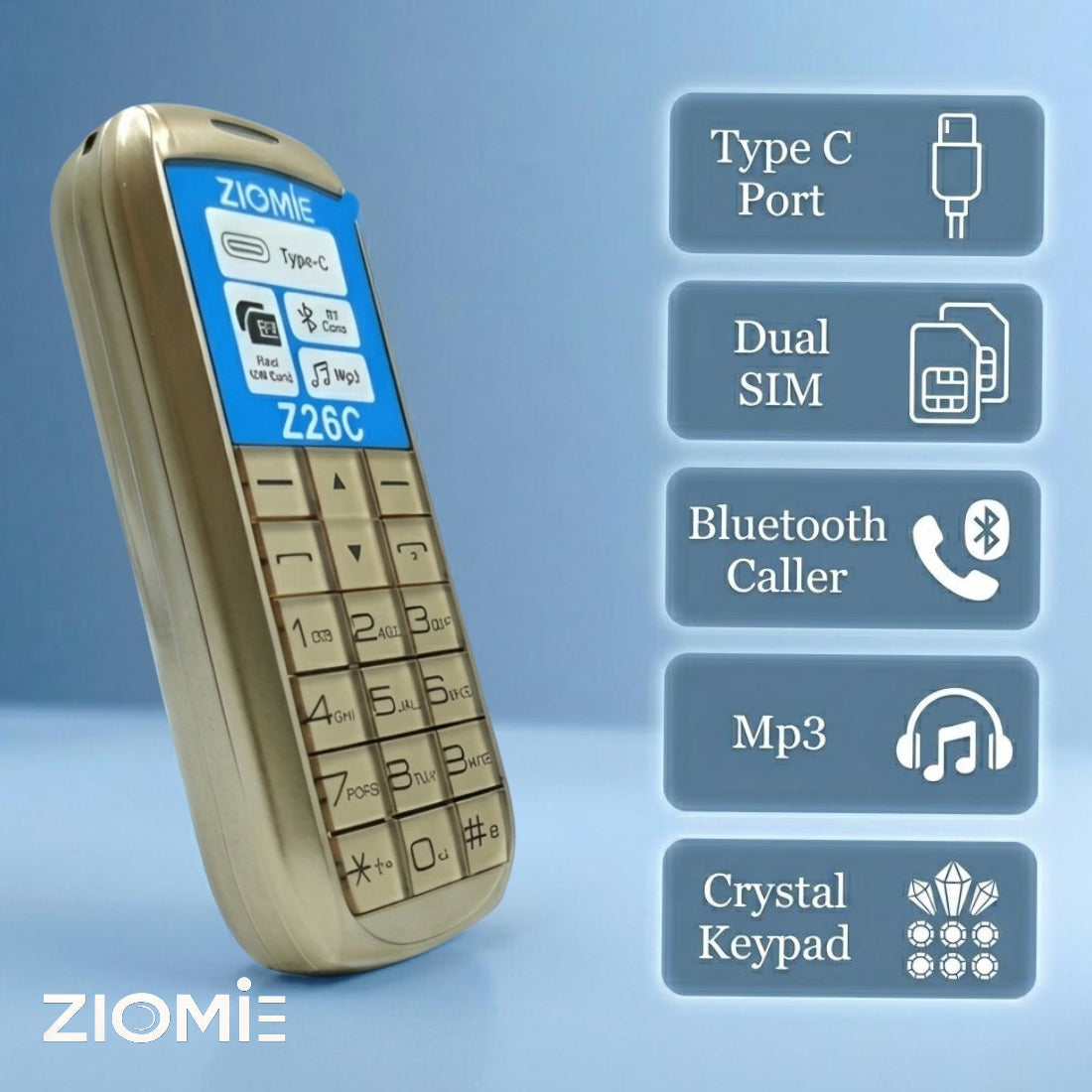 Ziome Z26C Ultra Mini Dual SIM Mobile Phone with Bluetooth Dialer, MP3 Player & Type-C Charging,Gold