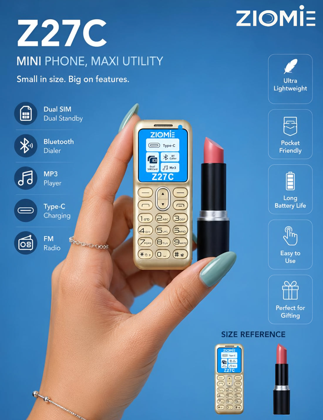 Ziome Z27C Mini Bluetooth Dialer Phone, Dual SIM Dual Standby, Type-C Charging, Crystal Keypad, MP3 Player, FM Radio, Gold