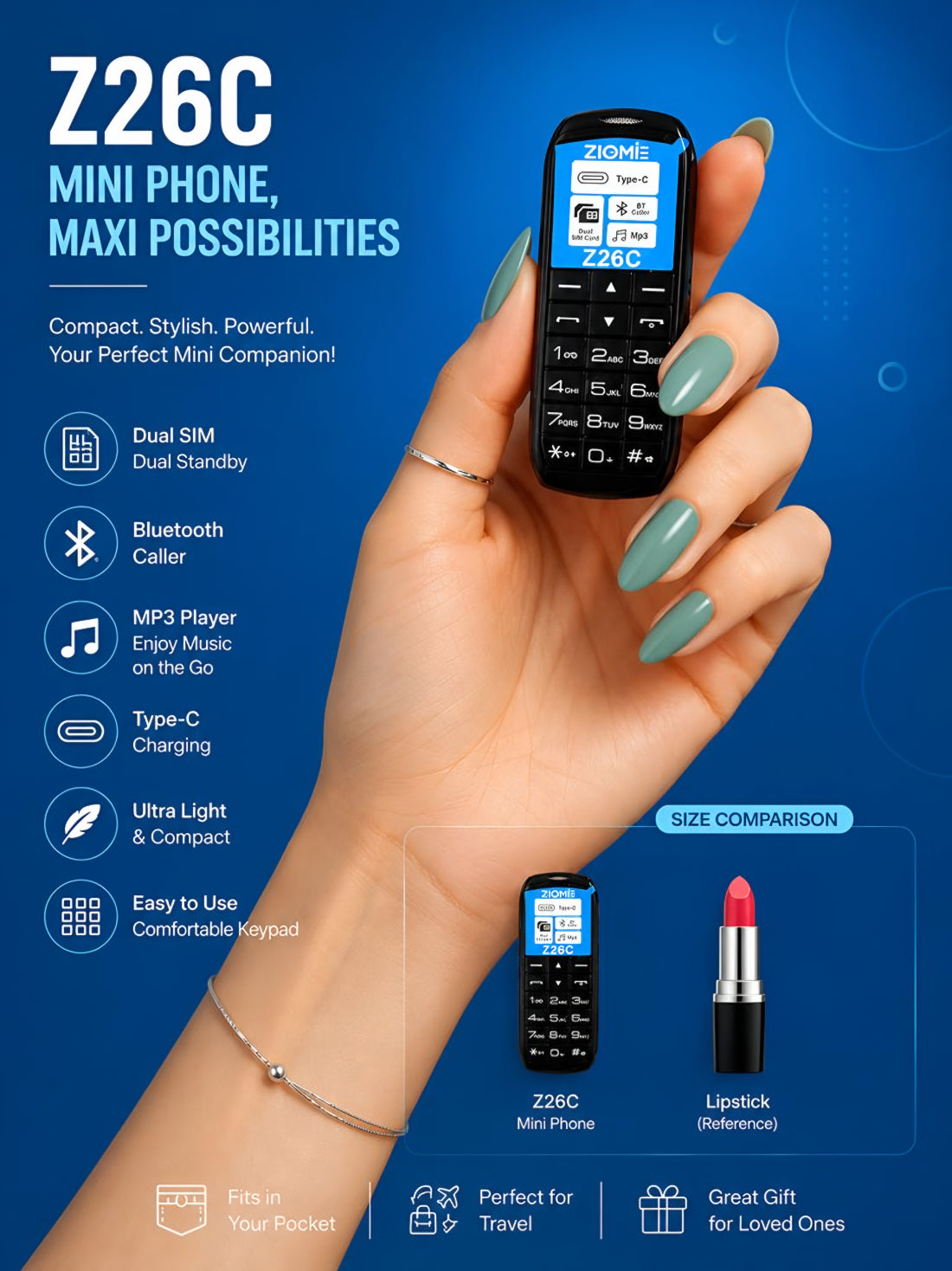 Ziome Z26C Ultra Mini Dual SIM Mobile Phone with Bluetooth Dialer, MP3 Player & Type-C Charging, Black