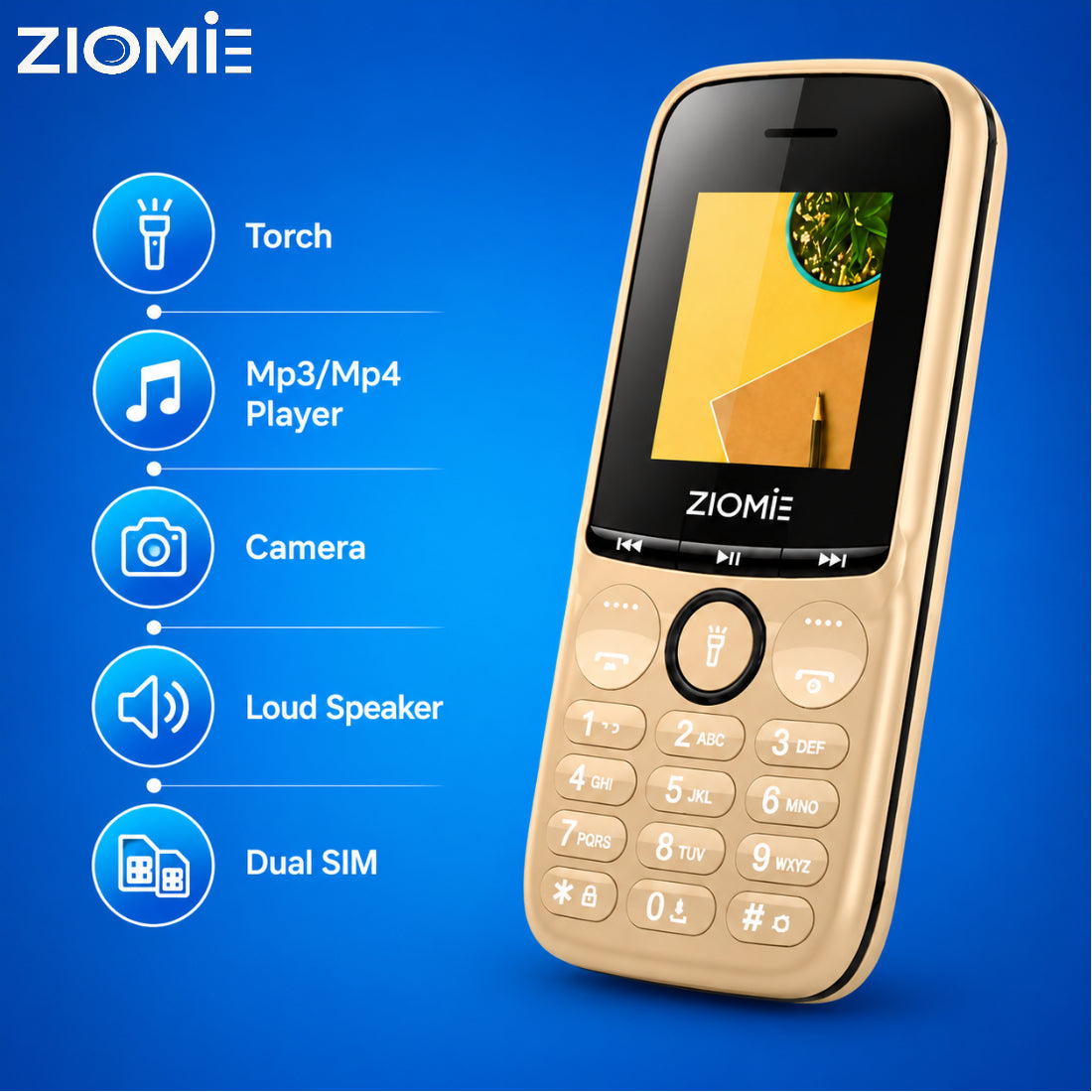 ZIOME Z3000+ Dual SIM Feature Phone with 2500mAh Battery, Dedicated Media Controls & Torch Slider, Wireless FM, 1.77-inch Display, Golden