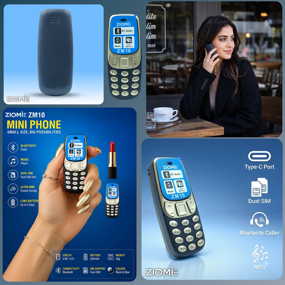 Ziome ZM-10 Ultra Mini Dual SIM Mobile Phone with Bluetooth Dialer, MP3 Player & Type-C Charging Blue