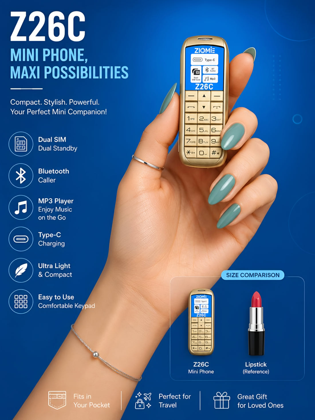 Ziome Z26C Ultra Mini Dual SIM Mobile Phone with Bluetooth Dialer, MP3 Player & Type-C Charging,Gold