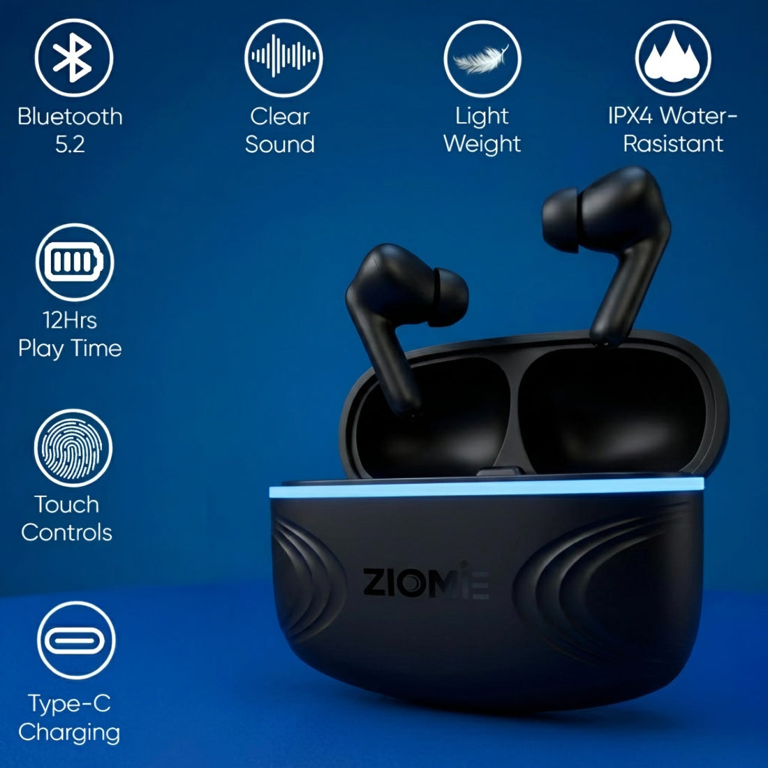 Ziome Air RGB ENC TWS Earbuds with Dynamic RGB Light Case, Built-in Carry Loop, Bluetooth 5.2, Touch Controls & Type-C Charging, Black