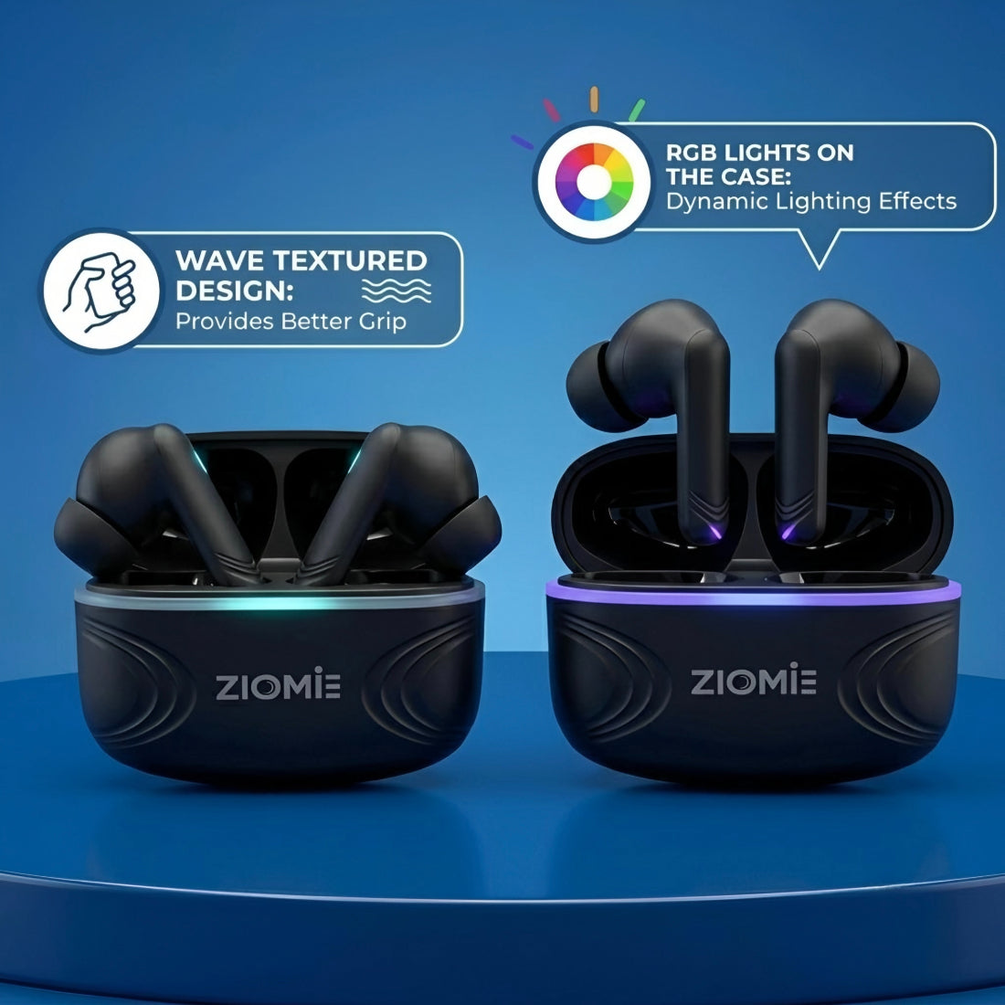 Ziome Air RGB ENC TWS Earbuds with Dynamic RGB Light Case, Built-in Carry Loop, Bluetooth 5.2, Touch Controls & Type-C Charging, Black