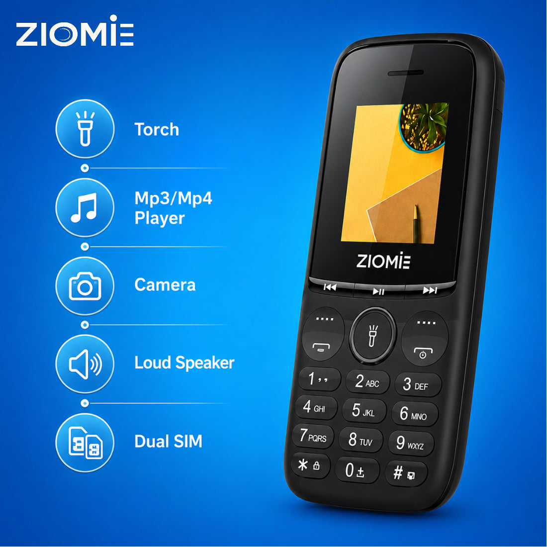 ZIOME Z3000+ Dual SIM Feature Phone with 2500mAh Battery, Dedicated Media Controls & Torch Slider, Wireless FM, 1.77-inch Display, Black