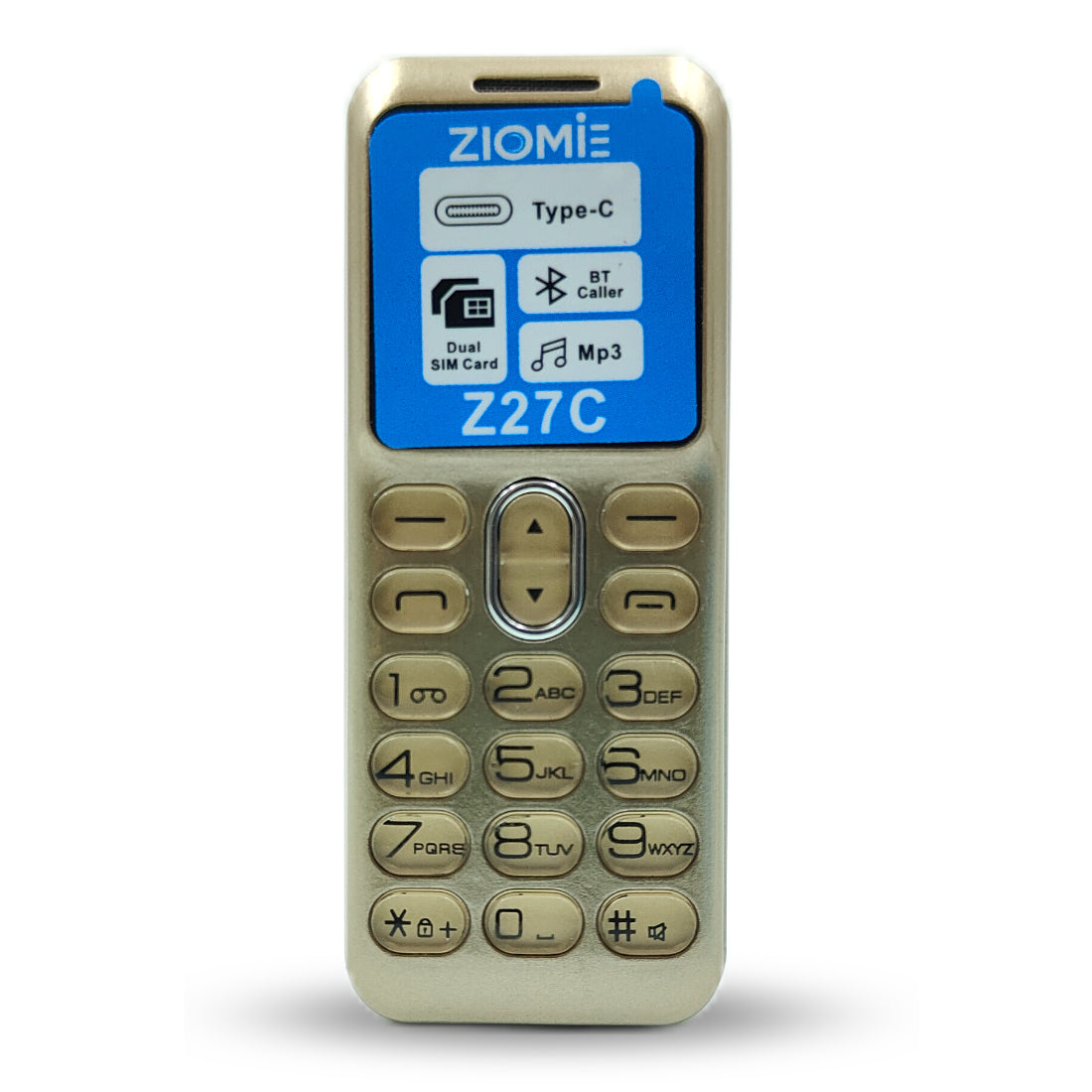 Ziome Z27C Mini Bluetooth Dialer Phone, Dual SIM Dual Standby, Type-C Charging, Crystal Keypad, MP3 Player, FM Radio, Gold