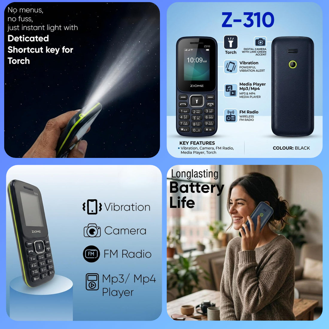 Ziome Z-310 Phone Dual SIM, Mp3/Mp4 player, Feature Phone, Black