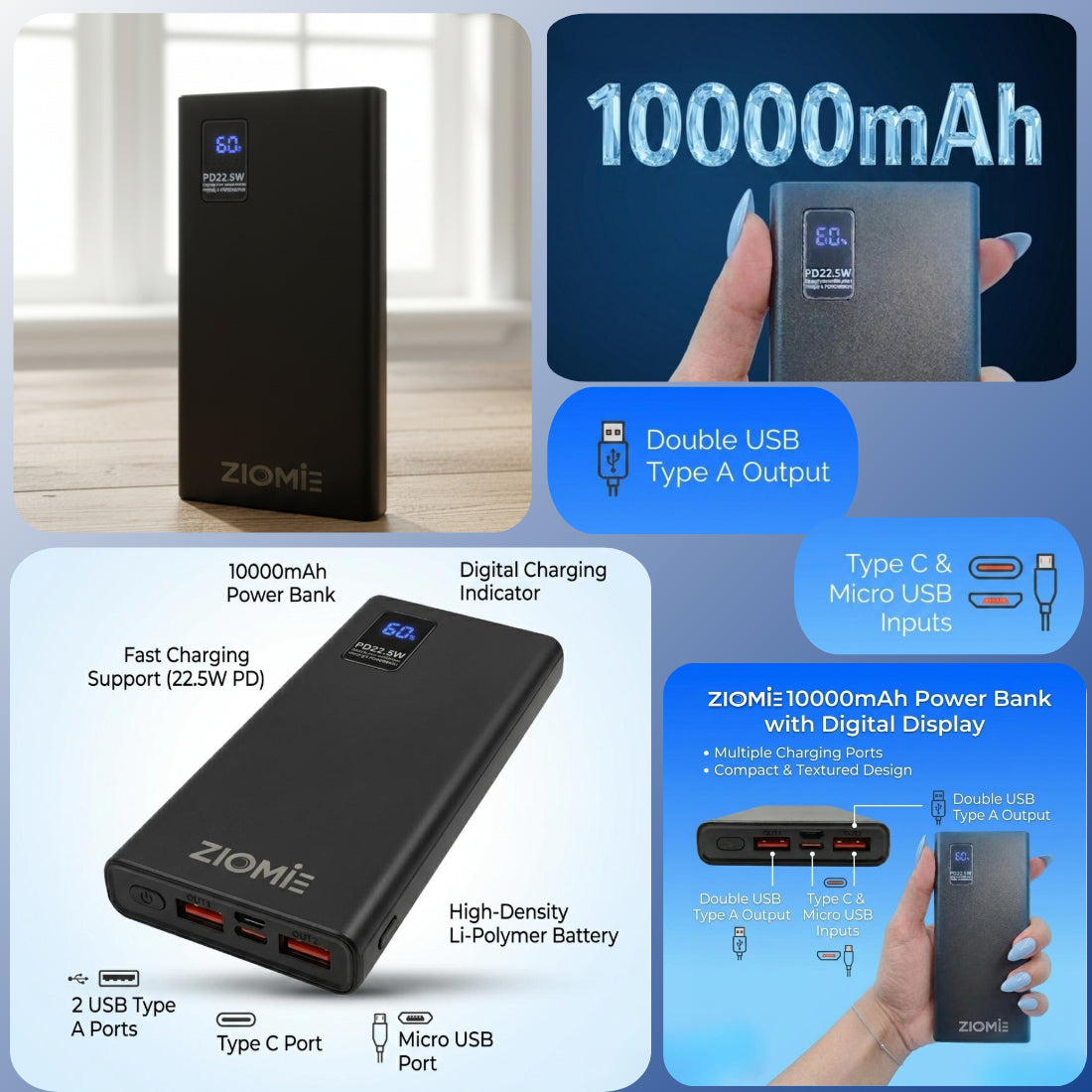 Ziome Digital Power Bank, 10000mAh,  22.5Watt, Type-C, Micro, USB, Black