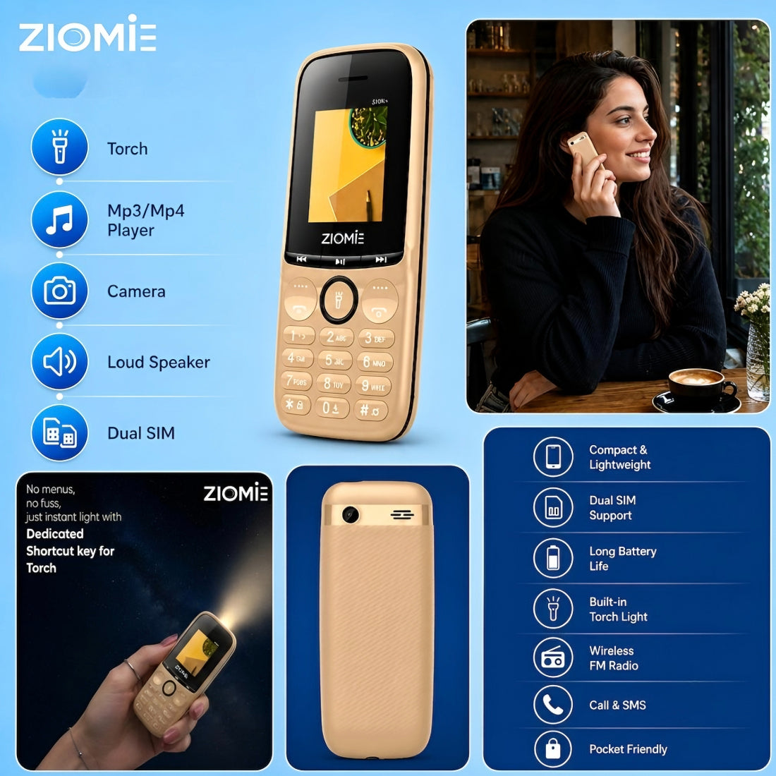 ZIOME Z3000+ Dual SIM Feature Phone with 2500mAh Battery, Dedicated Media Controls & Torch Slider, Wireless FM, 1.77-inch Display, Golden