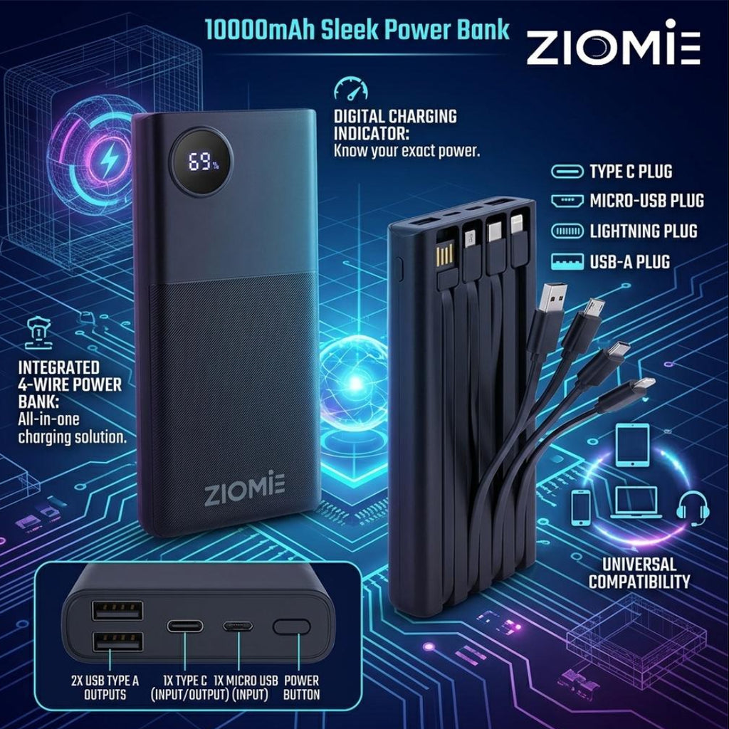 Ziome 4 in 1 Power Bank 10000mAh 22.5 Watt (Type-C; Micro USB; Lightning; USB)