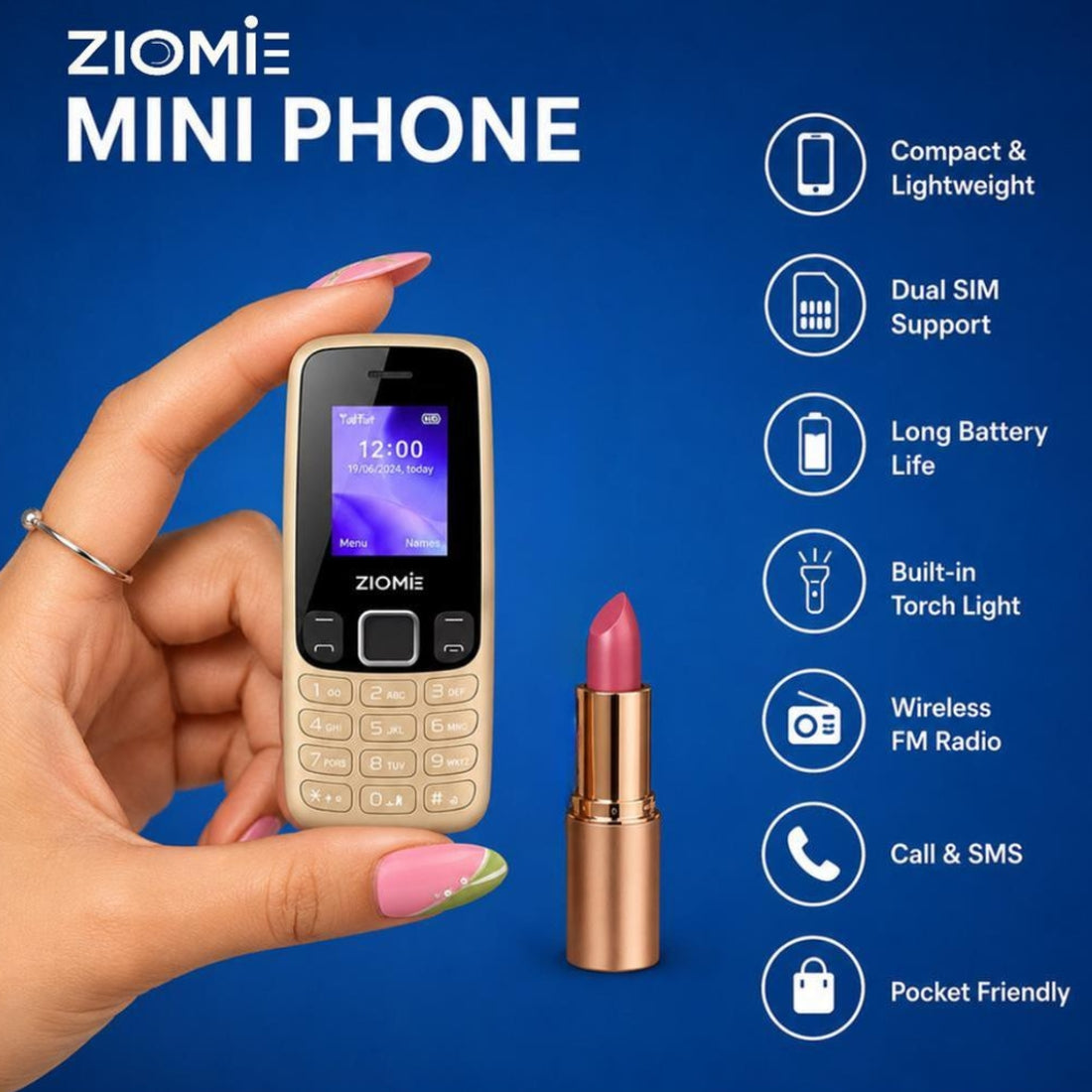 Ziome Z-2175 C Dual SIM Feature Phone with Type-C Port, Auto Call Recording, Wireless FM, Powerful Torch, and 1100mAh Battery, Golden
