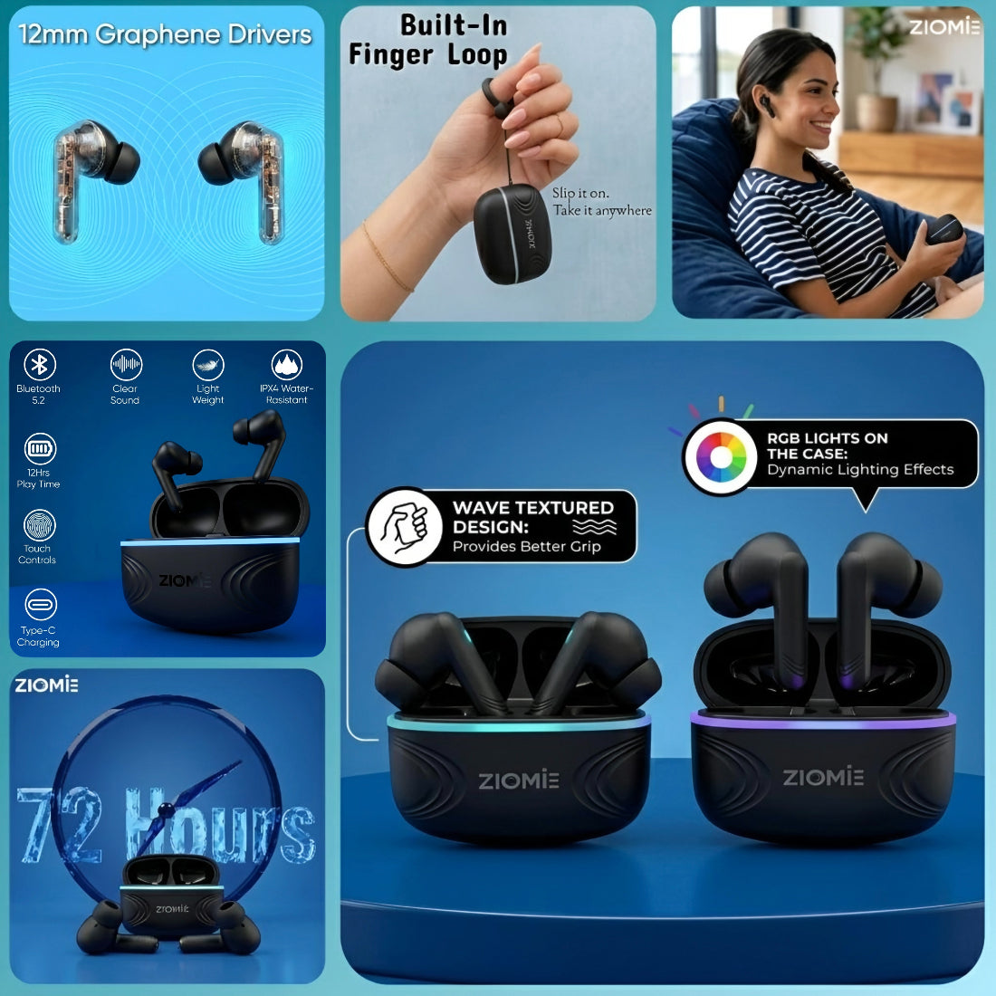 Ziome Air RGB ENC TWS Earbuds with Dynamic RGB Light Case, Built-in Carry Loop, Bluetooth 5.2, Touch Controls & Type-C Charging, Black