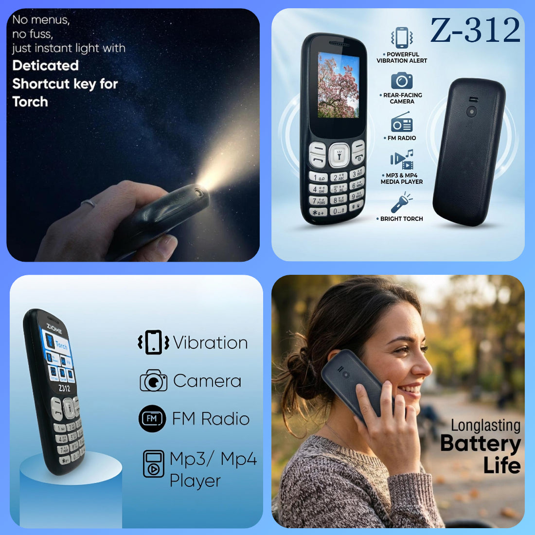 Ziome Z-312 Phone Dual SIM, Mp3/Mp4 player, Feature Phone, Black