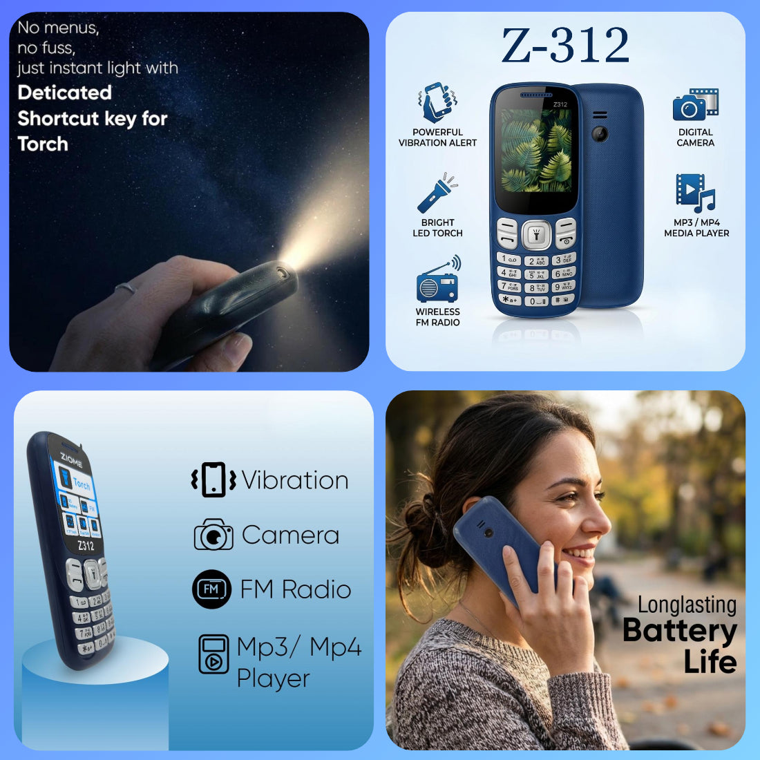 Ziome Z-312 Phone Dual SIM, Mp3/Mp4 player, Feature Phone, Blue