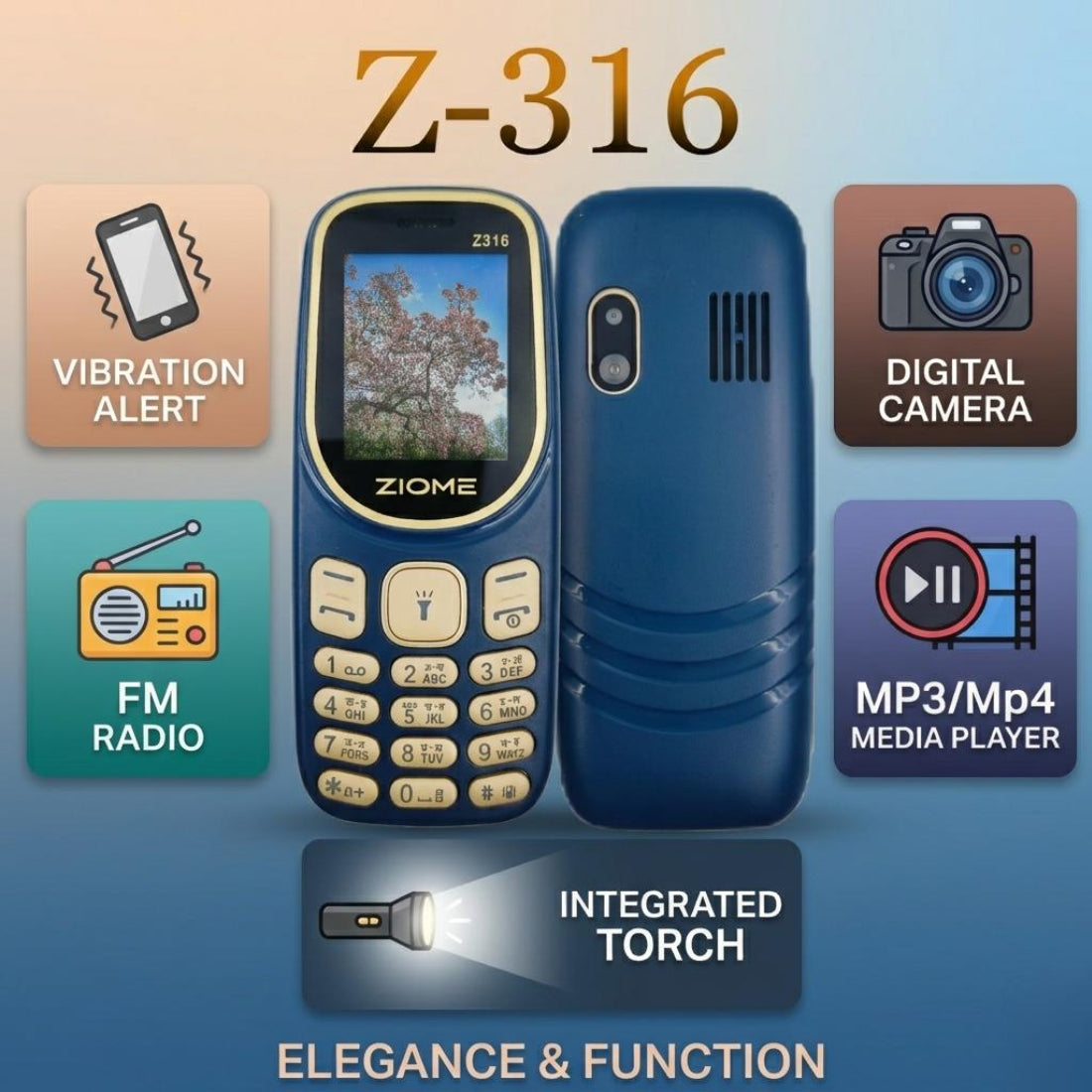 Ziome Z-316 Phone Dual SIM, Mp3/Mp4 player, Feature Phone, Blue
