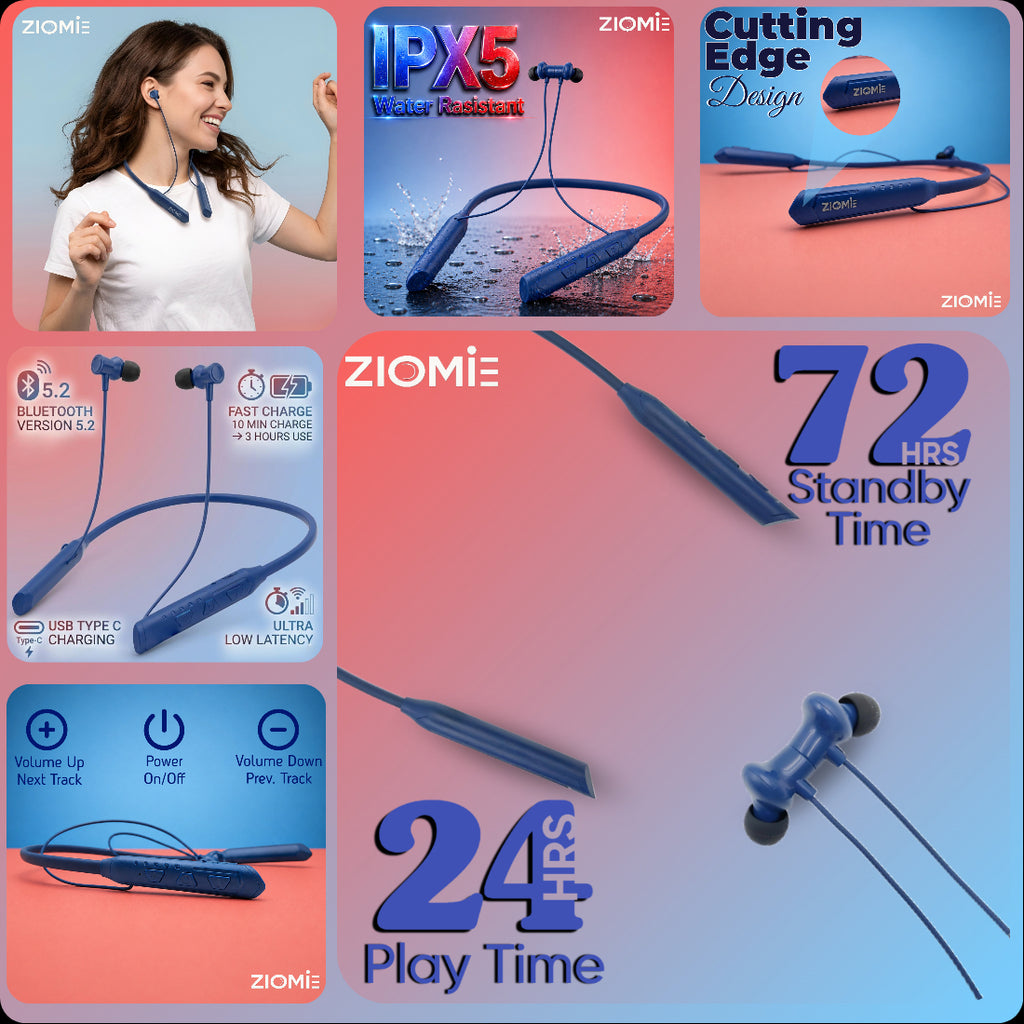 Ziome ZM-03 Neckband 72 Hours Standby time and 24 Hours Playtime Volume and Call Controller Blue
