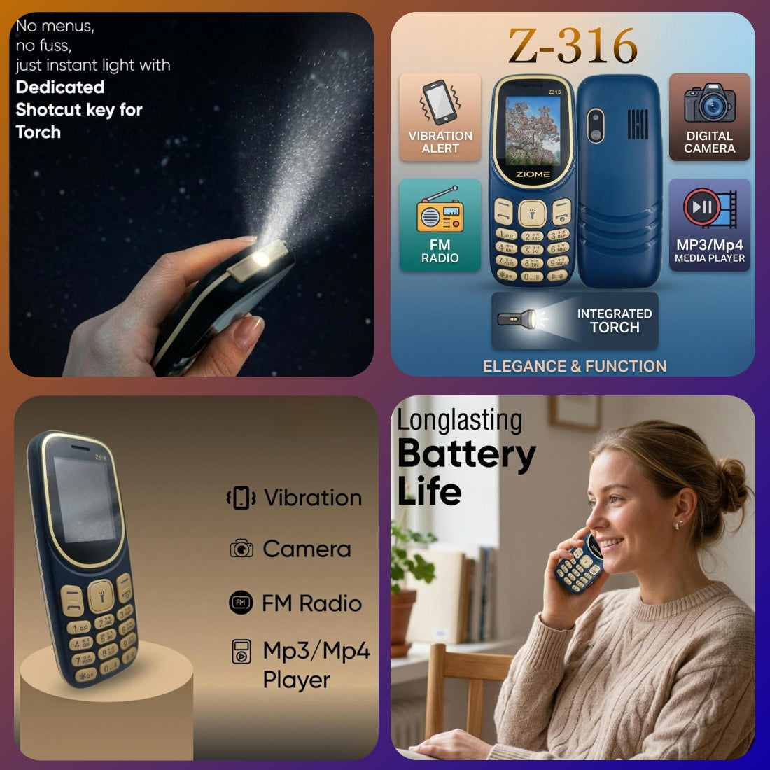 Ziome Z-316 Phone Dual SIM, Mp3/Mp4 player, Feature Phone, Blue