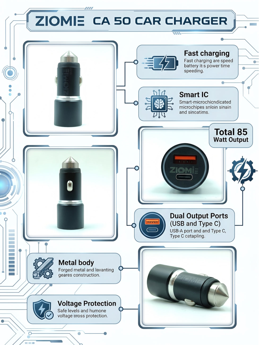 Ziome CA-50 High-Performance Car Charger – 85W Ultra-Fast Dual Port Adapter with Smart IC & Metal Body