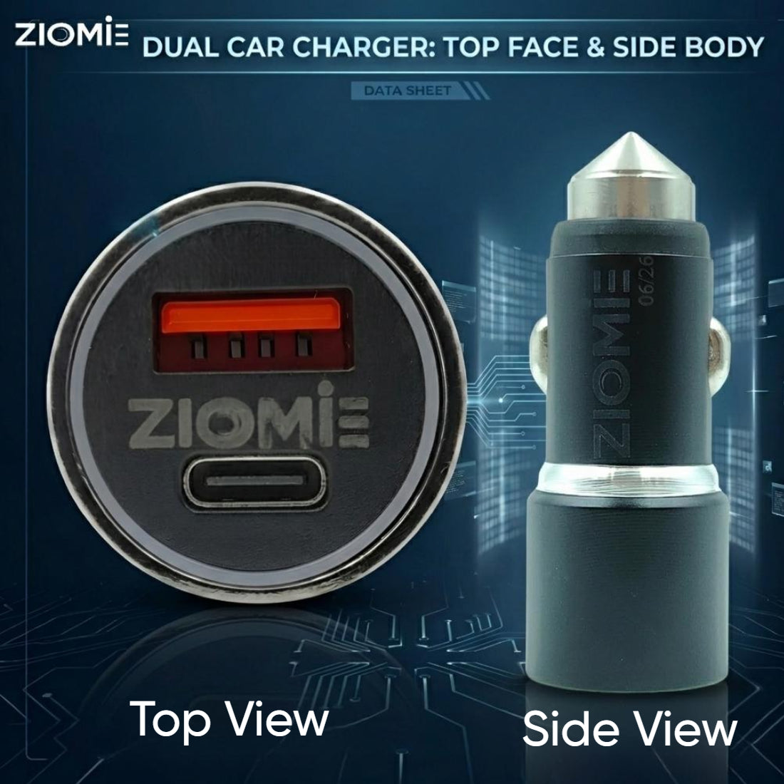 Ziome CA-50 High-Performance Car Charger – 85W Ultra-Fast Dual Port Adapter with Smart IC & Metal Body