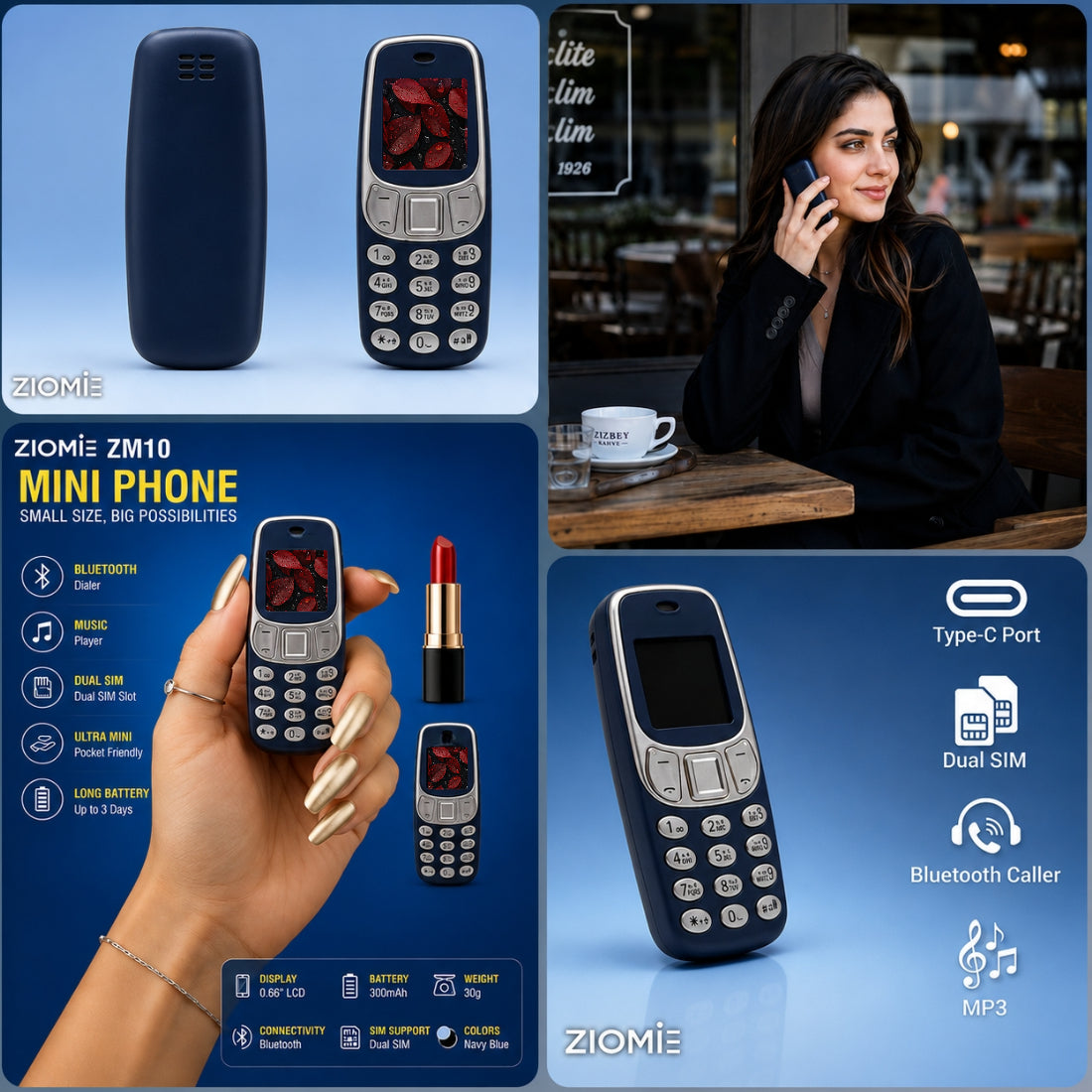 Ziome ZM-10 Ultra Mini Dual SIM Mobile Phone with Bluetooth Dialer, MP3 Player & Type-C Charging Blue