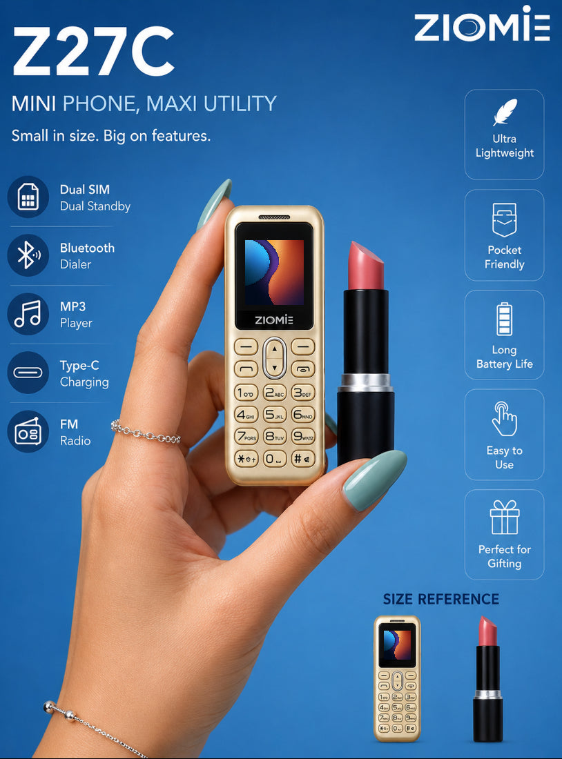 Ziome Z27C Mini Bluetooth Dialer Phone, Dual SIM Dual Standby, Type-C Charging, Crystal Keypad, MP3 Player, FM Radio, Gold