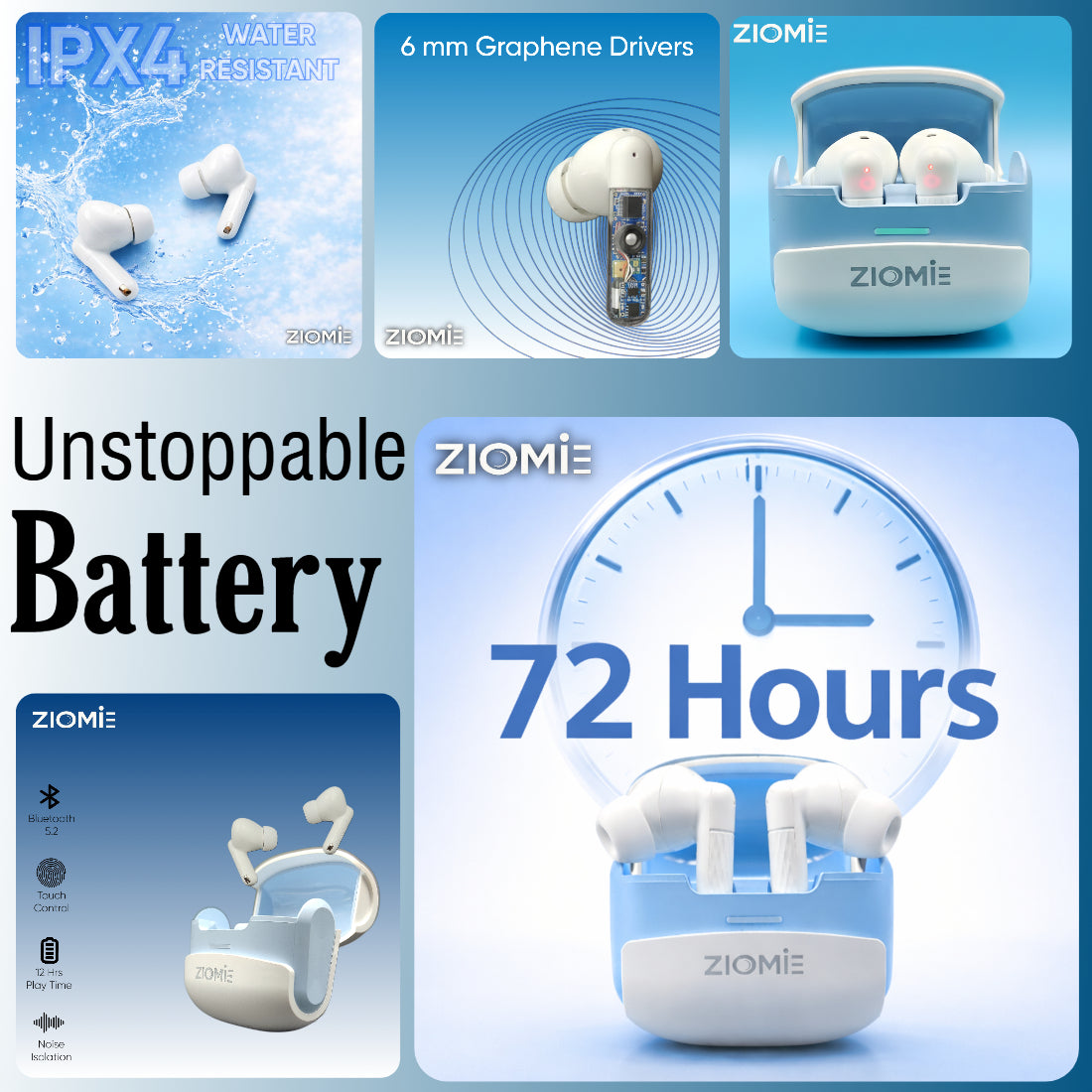 Ziome Z3-Pro Bluetooth Earbuds (Blue-White, TWS)