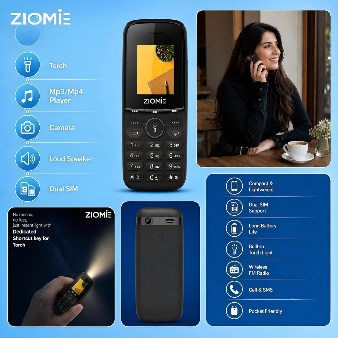 ZIOME Z3000+ Dual SIM Feature Phone with 2500mAh Battery, Dedicated Media Controls & Torch Slider, Wireless FM, 1.77-inch Display, Black