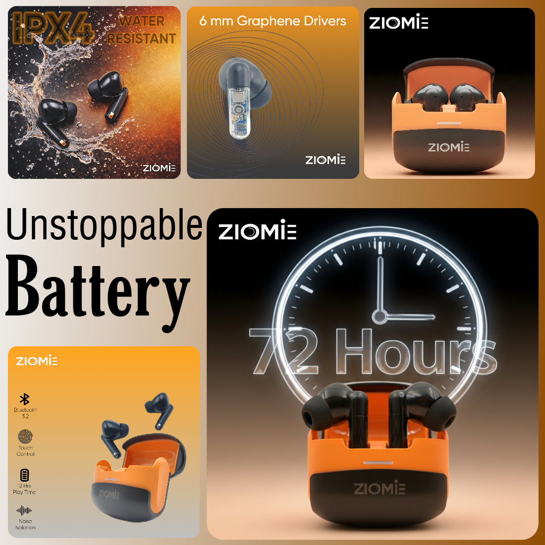 Ziome Z3-Pro Bluetooth Earbuds (Black-Orange,TWS)