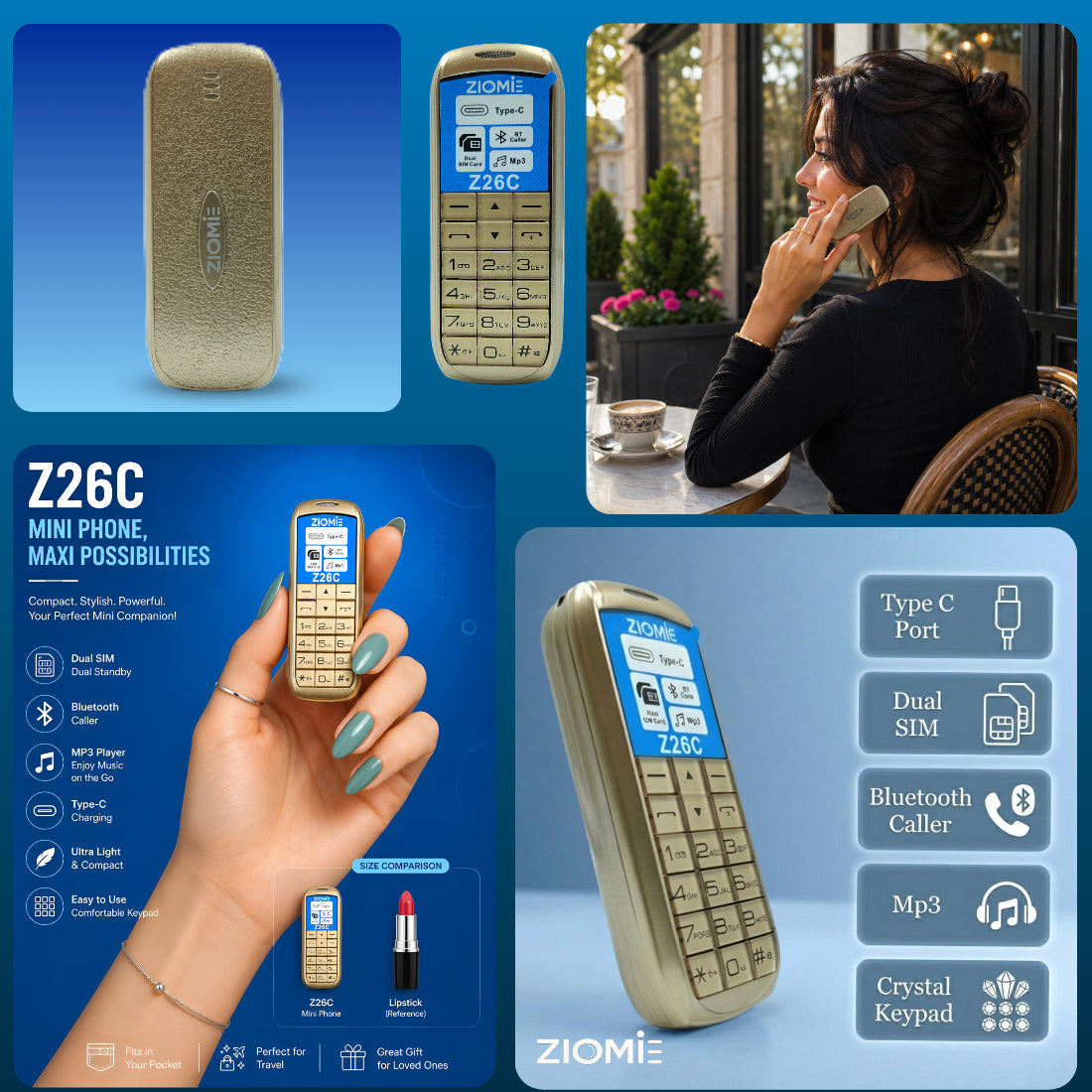 Ziome Z26C Ultra Mini Dual SIM Mobile Phone with Bluetooth Dialer, MP3 Player & Type-C Charging,Gold