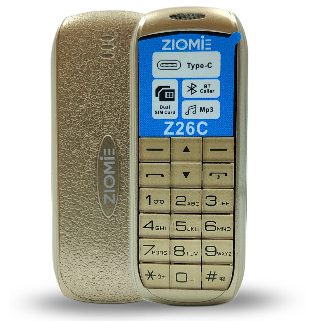 Ziome Z26C Ultra Mini Dual SIM Mobile Phone with Bluetooth Dialer, MP3 Player & Type-C Charging,Gold