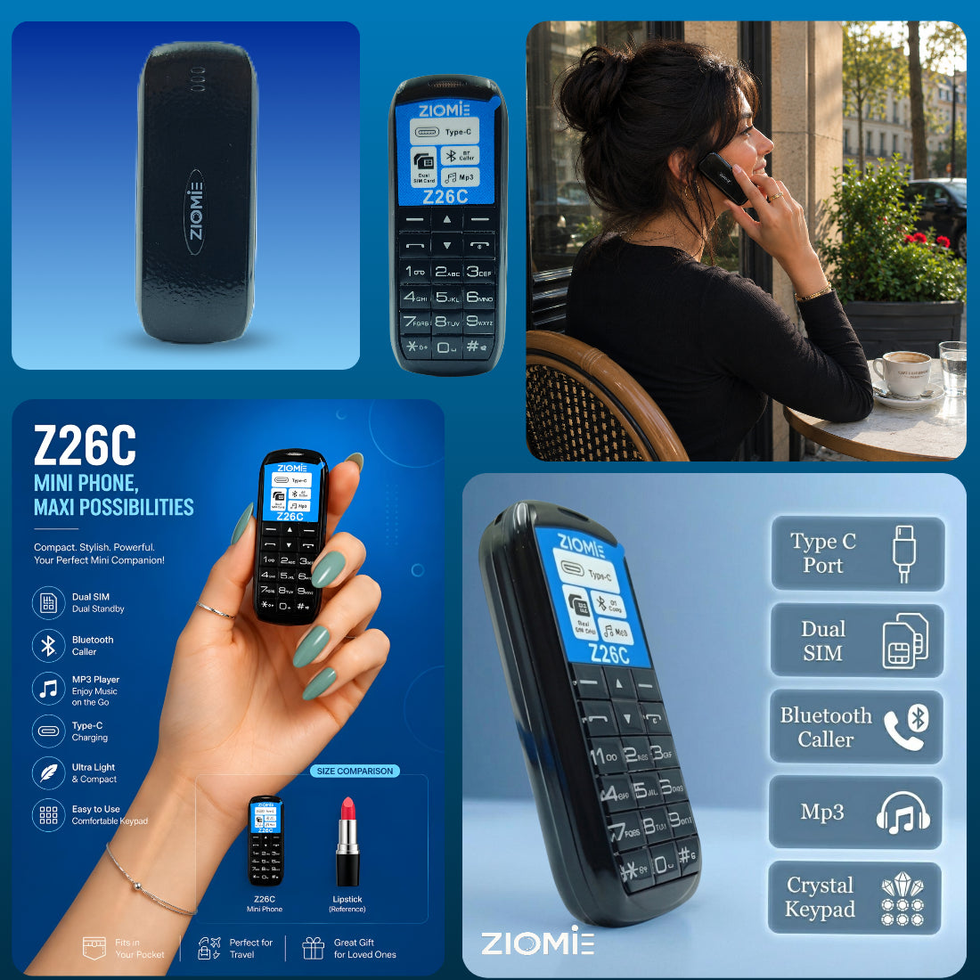 Ziome Z26C Ultra Mini Dual SIM Mobile Phone with Bluetooth Dialer, MP3 Player & Type-C Charging, Black