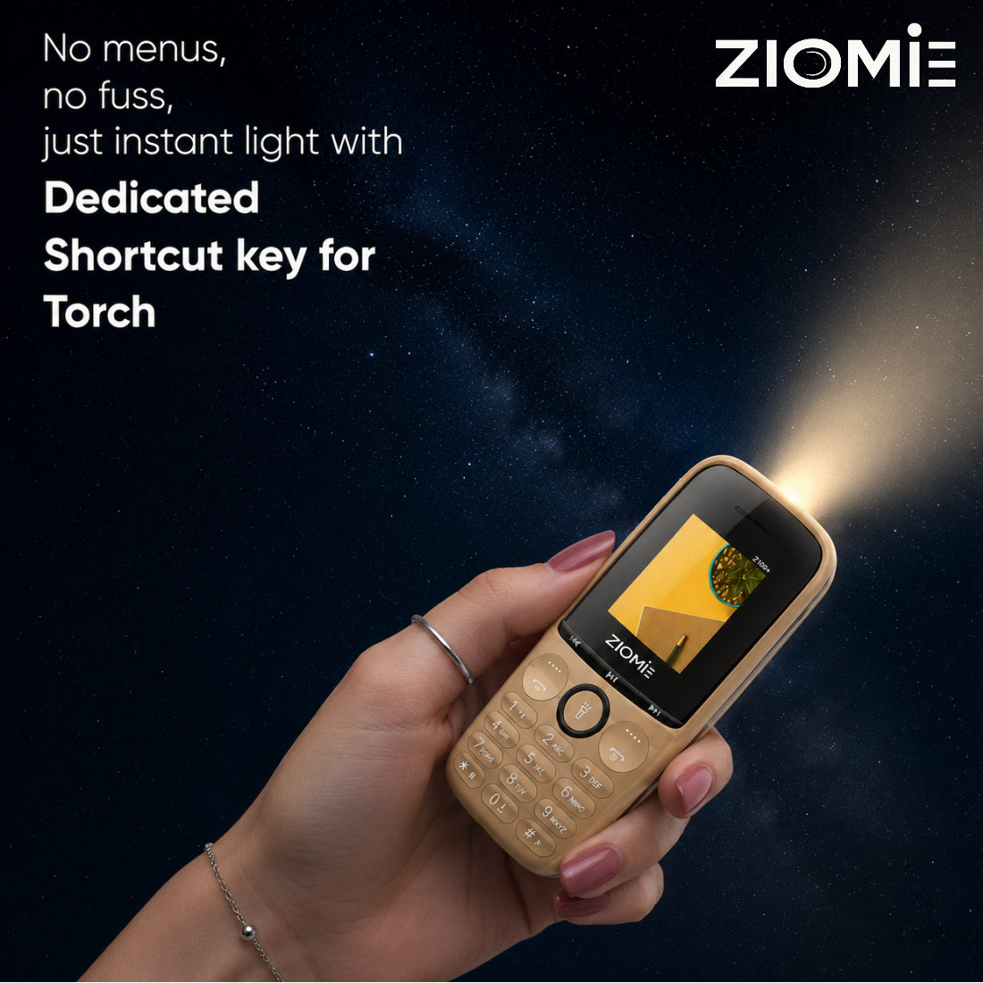 ZIOME Z3000+ Dual SIM Feature Phone with 2500mAh Battery, Dedicated Media Controls & Torch Slider, Wireless FM, 1.77-inch Display, Golden